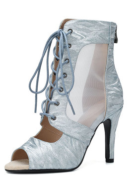 紫色流光网纱爵士舞鱼嘴高跟鞋HEELS舞鞋细闪缎面珠光短靴舞蹈鞋