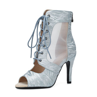 紫色流光网纱爵士舞鱼嘴高跟鞋HEELS舞鞋细闪缎面珠光短靴舞蹈鞋