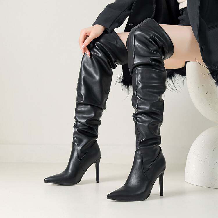 欧美尖头褶皱高筒长靴女2024秋季细跟堆堆靴高跟过膝长筒靴,女鞋,时装靴,淘宝优惠券,粉丝福利购,淘宝优惠卷
