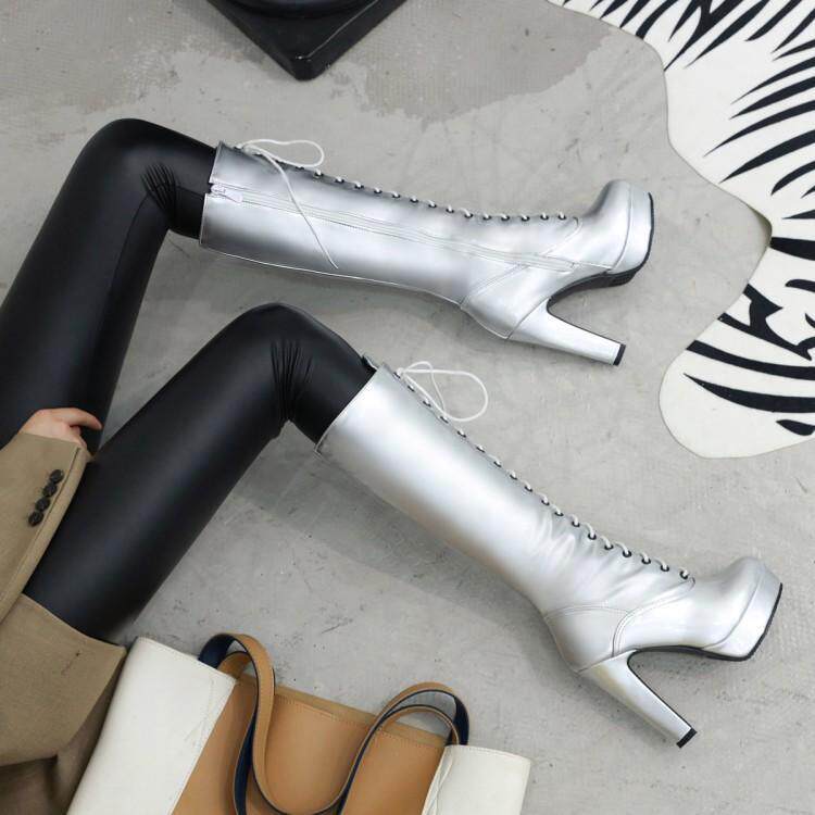 2019 NEW HIGH HEEL STRAPPY MARTIN BOOTS WOMENS BRITISH STYLE ROUND TOE BLOCK HEEL SILVER HIGH BOOTS WOMENS BOOTS