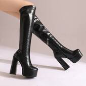 欧美辣妹弹力瘦瘦靴女2024春夏新款 粗高跟显瘦防水台中筒骑士
