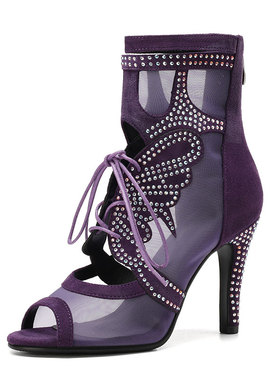 新网面透气紫色爵士舞鞋蝴蝶镂空高跟鞋闪钻全包缎面绒面高跟舞鞋