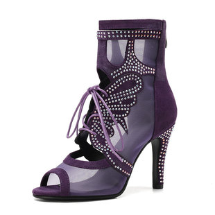 新网面透气紫色爵士舞鞋蝴蝶镂空高跟鞋闪钻全包缎面绒面高跟舞鞋