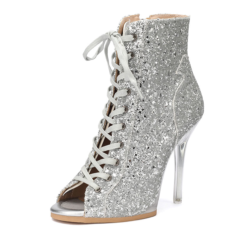 透明水晶跟爵士舞高跟鞋欧美pump专用舞蹈鞋鱼嘴绑带短靴外贸舞鞋