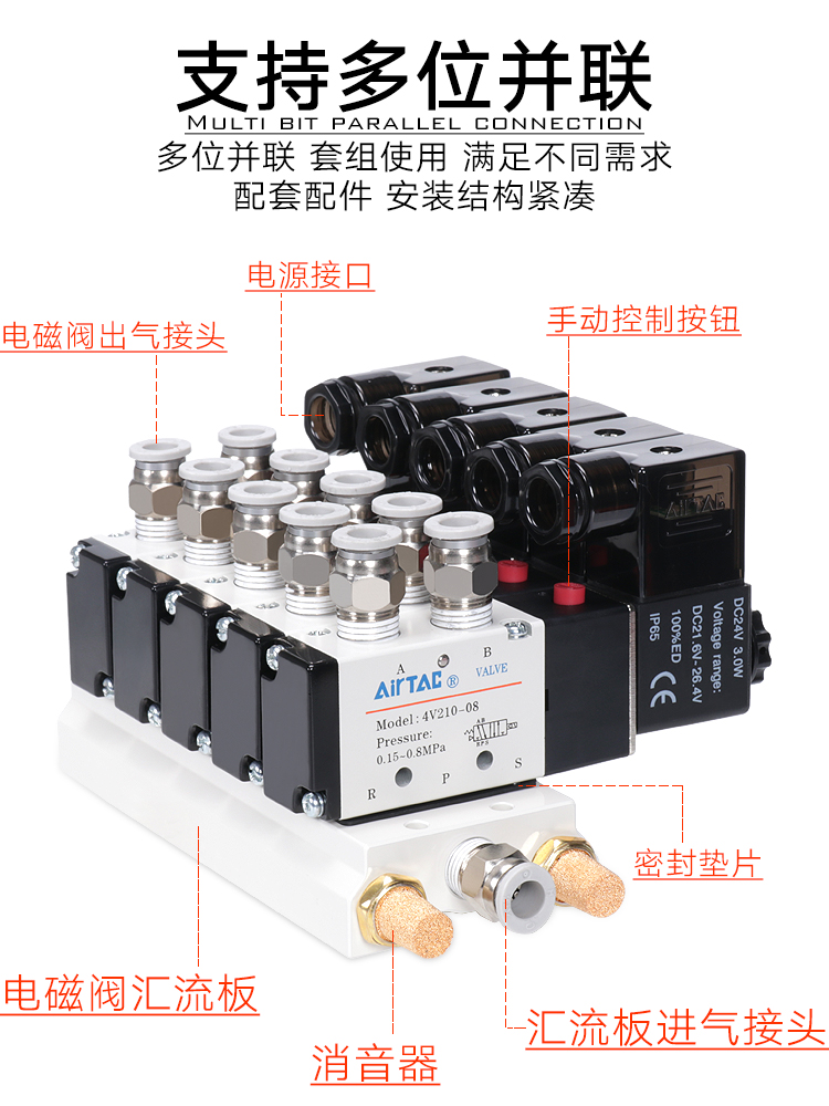 气动电磁控制阀组4V210-08二位五通24V气缸换向气阀220V