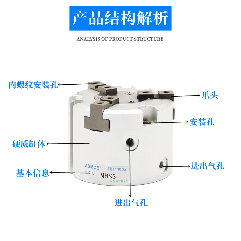 气动小型机械手卡盘手指气缸二爪三爪MHS3-16/20/25/32/40/50/63