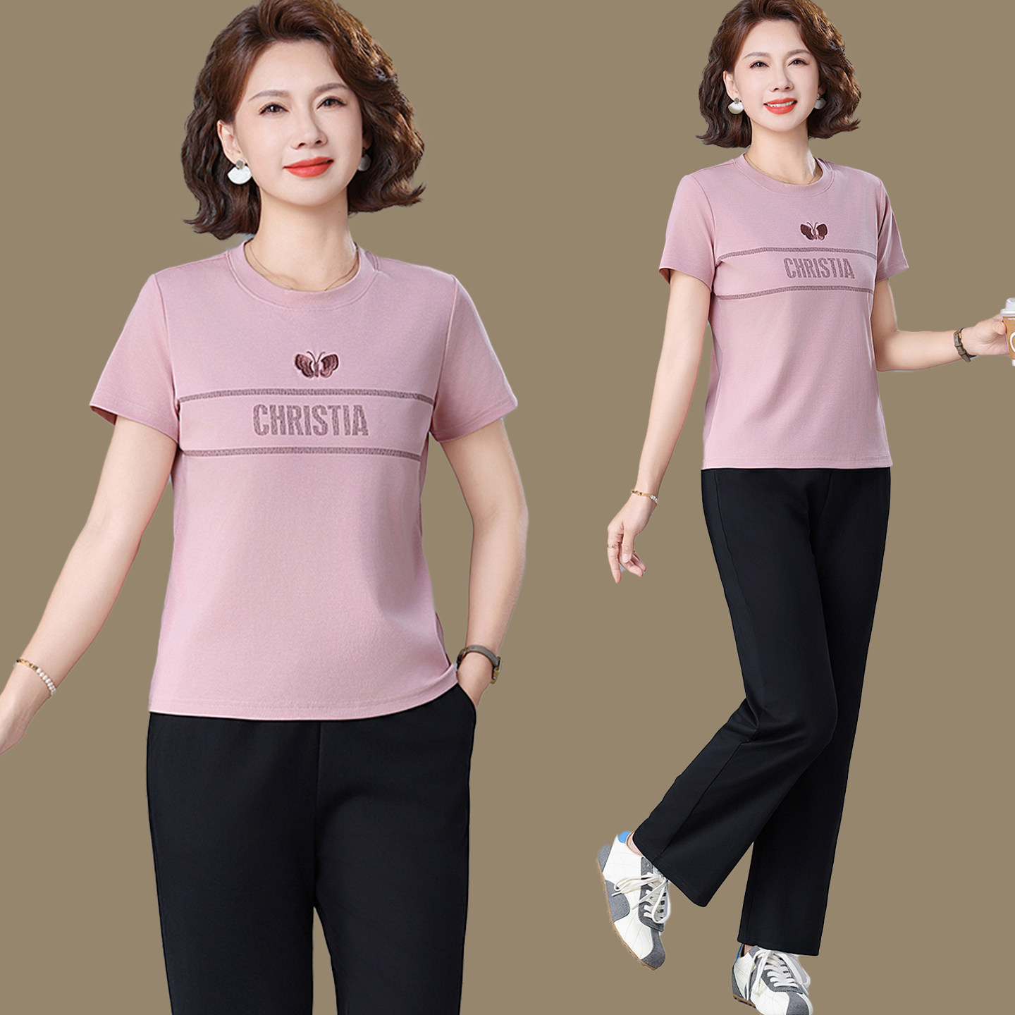 时尚妈妈夏装休闲套装26新款中年妇女纯棉圆领短袖T恤上衣两件套