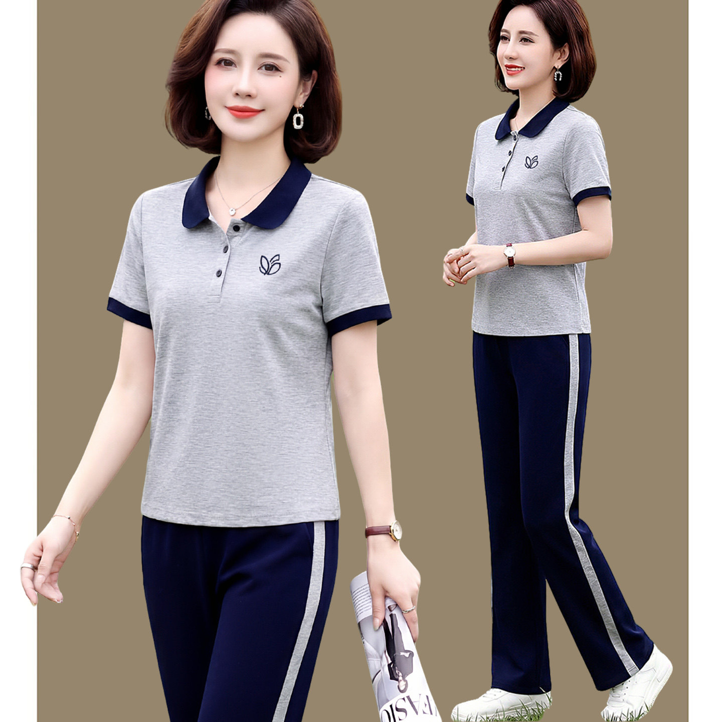 年轻妈妈夏装休闲两件套中年妇女天丝POLO领短袖T恤上衣运动套装