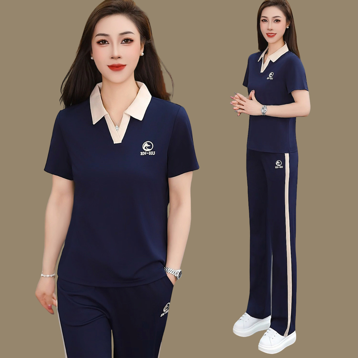中年妇女运动套装夏翻领短袖POLO领T恤休闲跑步两件套大码妈妈装