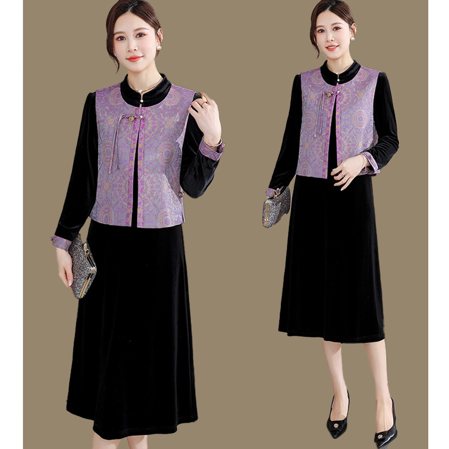 优雅高贵金丝绒连衣裙两件套2026春秋新款新中式马夹配裙子套装女