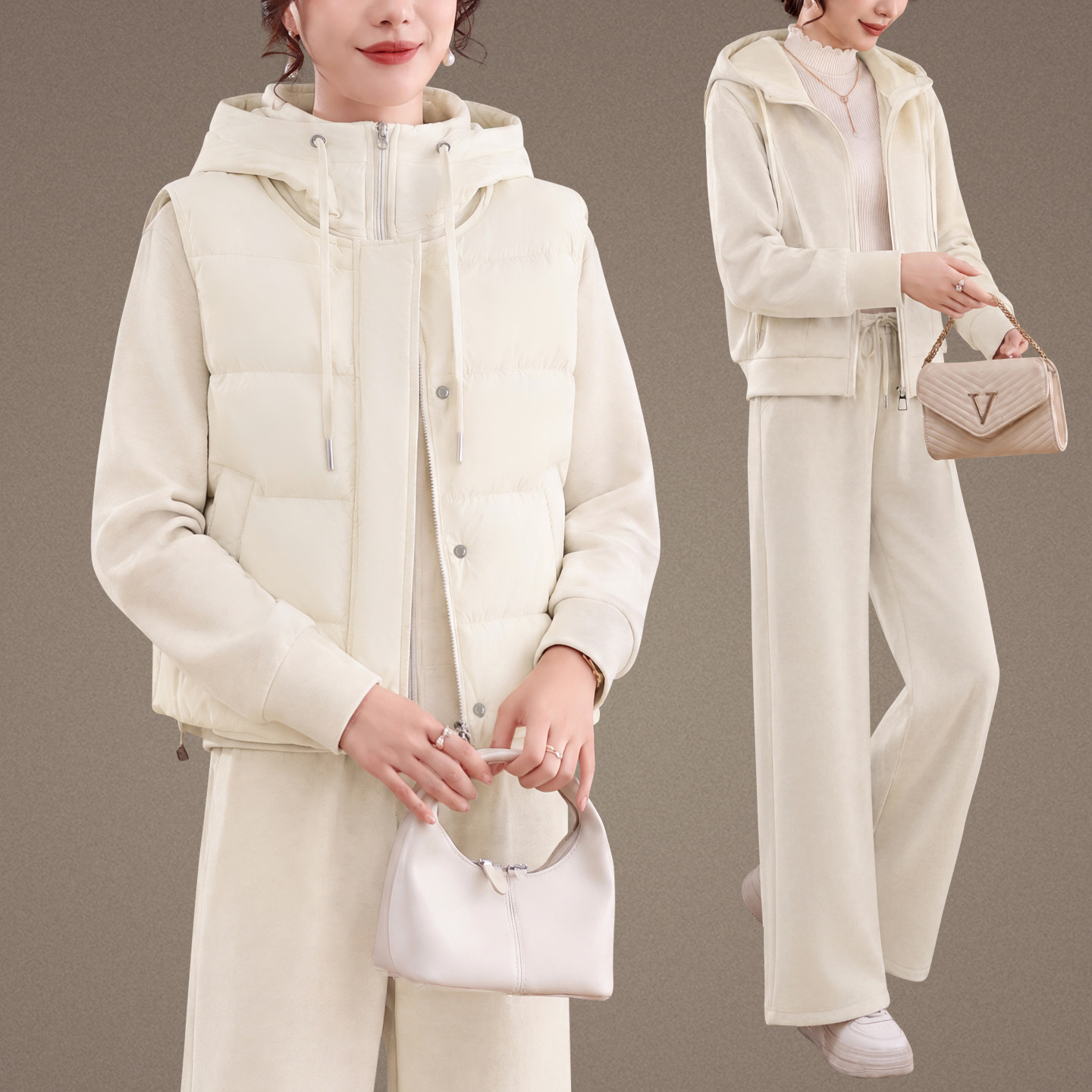 松弛感加绒加厚马甲卫衣外套三件套女秋冬时尚保暖休闲运动服套装
