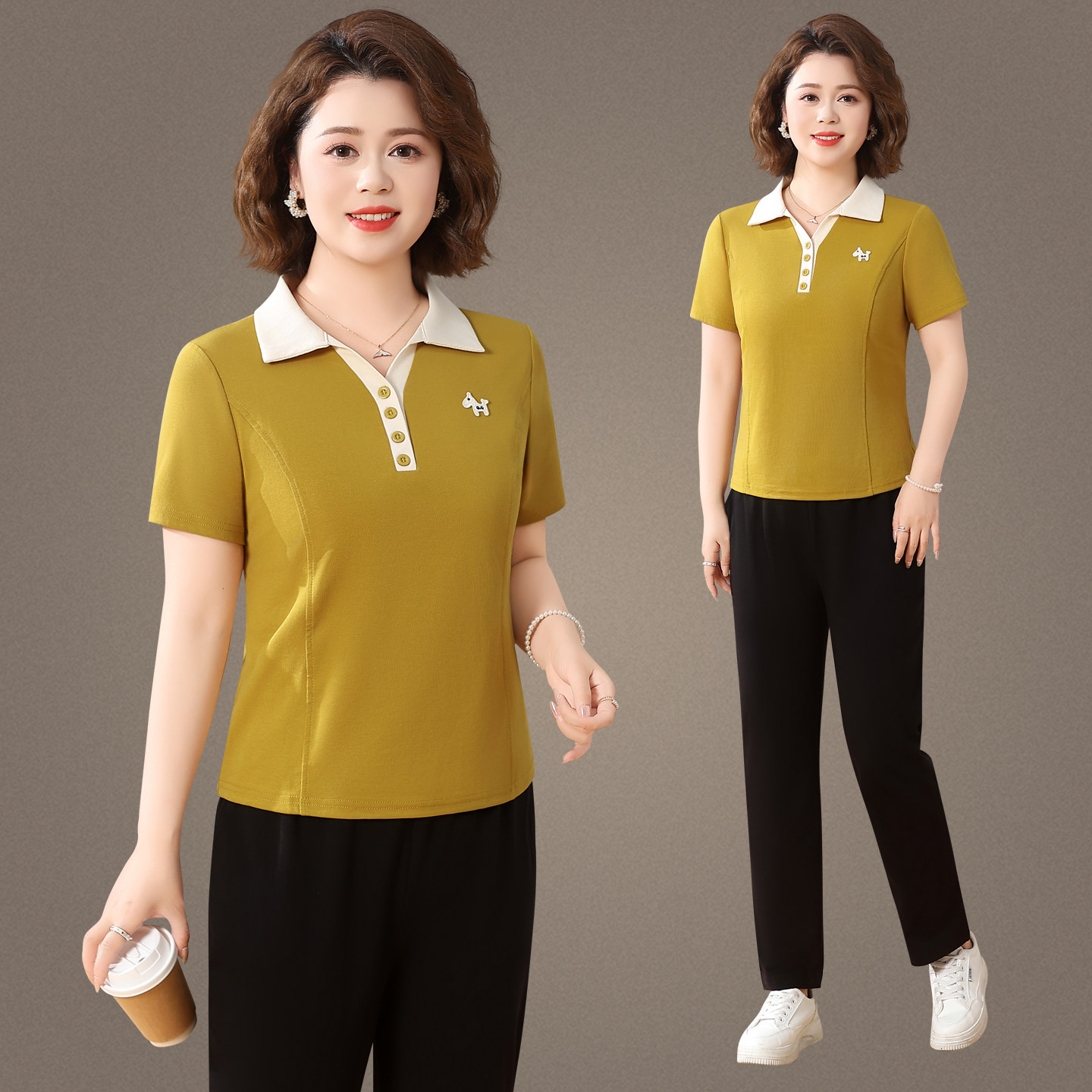 中年妇女翻领短袖POLO衫T恤年轻妈妈夏装棉质休闲运动套装两件套