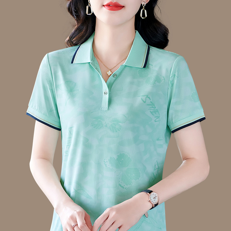 年轻妈妈装冰丝短袖上衣夏翻领大码薄款中年运动休闲有领T恤衫女