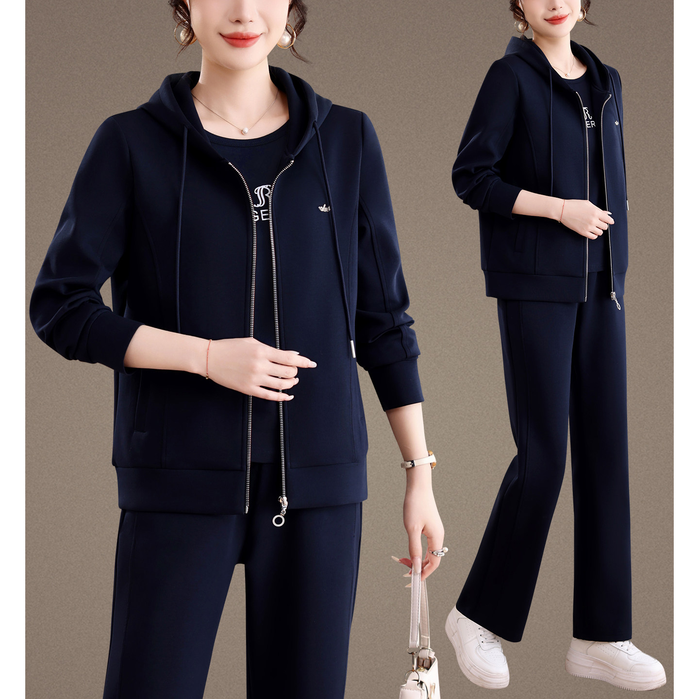 年轻妈妈春装时尚运动套装2026新款中老年女装连帽休闲卫衣三件套