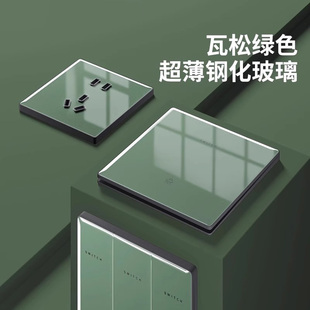 国际电工瓦松绿玻璃超薄钢化玻璃开关插座面板86型暗装家用五孔