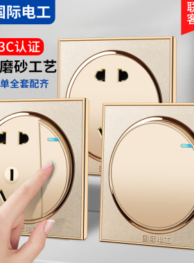 国际电工86圆形金色开关插座面板多孔一开5五孔带USB暗装墙壁扦座