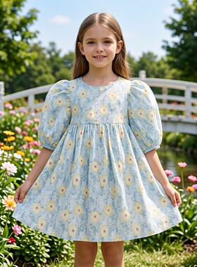 商场同款Abckids女童甜美泡泡袖碎花连衣裙蓝色方领收腰公主裙