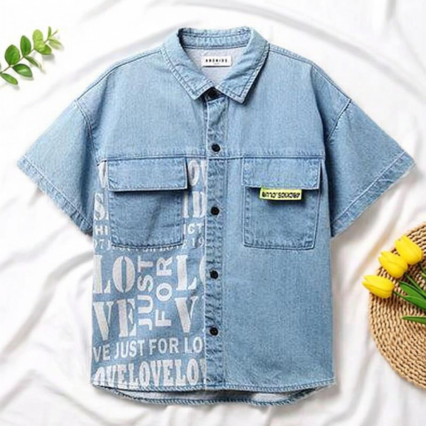 abckids童装夏季男童纯色短袖牛仔衬衫纯棉尖领薄正品F122302107