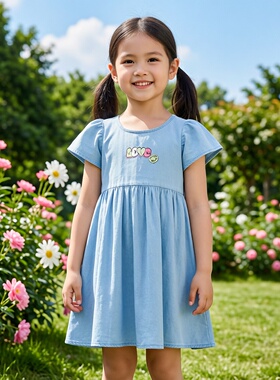 商场同款Abckids女童短袖连衣裙蓝色收腰公主裙洋气夏装