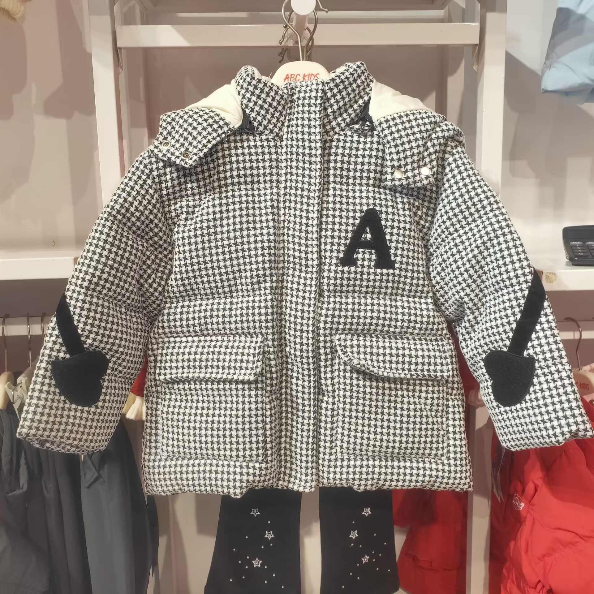 商场同款Abckids格子羽绒服女中长款连帽加厚鸭绒外套冬装