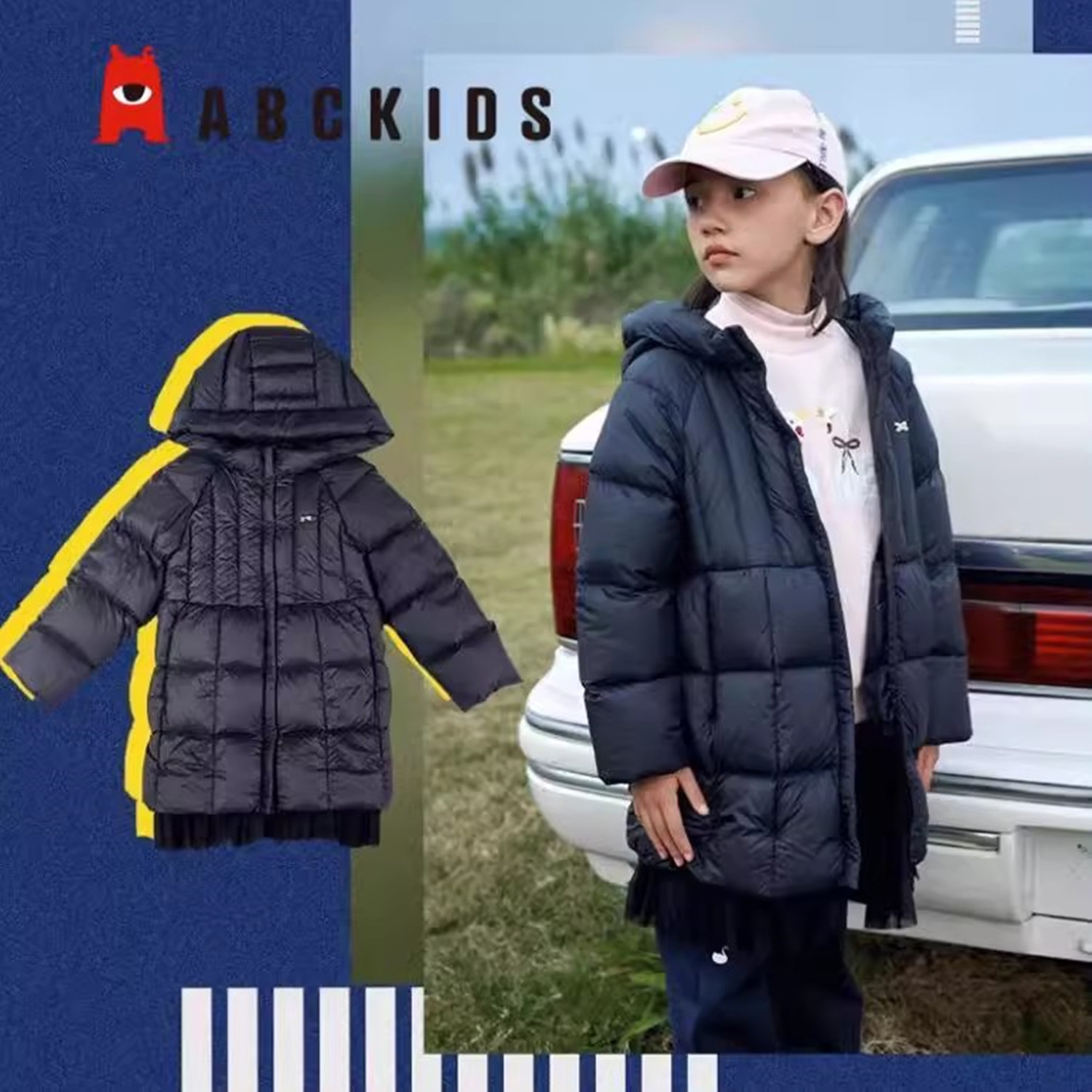 abckids童装冬款专柜正品中长款外套厚保暖白鸭羽绒服 F251309191