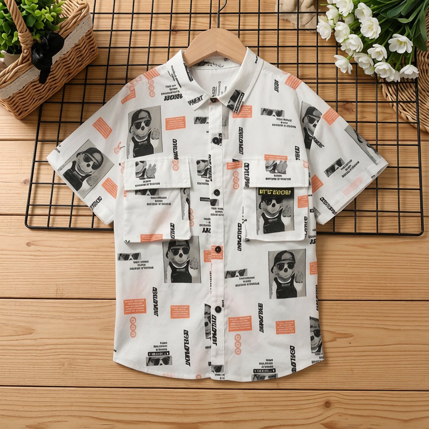 abckids童装夏季男童印花夏装卡通短袖衬衫休闲印花薄 F122302104