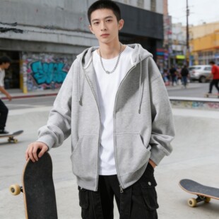 开衫 男装 夹克 美式 春秋重磅灰色连帽卫衣男生外套宽松情侣衣服新款
