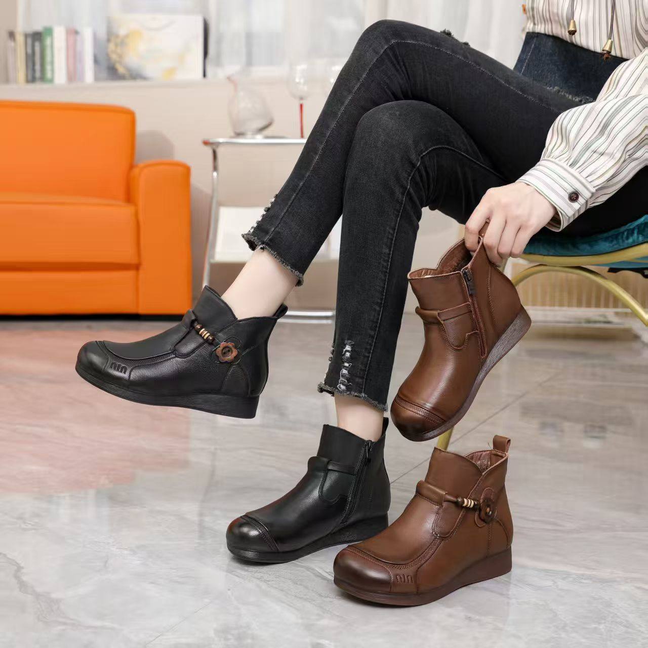 秋冬头层牛皮女靴侧拉链低跟软底加绒保暖棉靴真皮短靴舒适妈妈鞋,女鞋,时装靴,淘宝优惠券,粉丝福利购,淘宝优惠卷