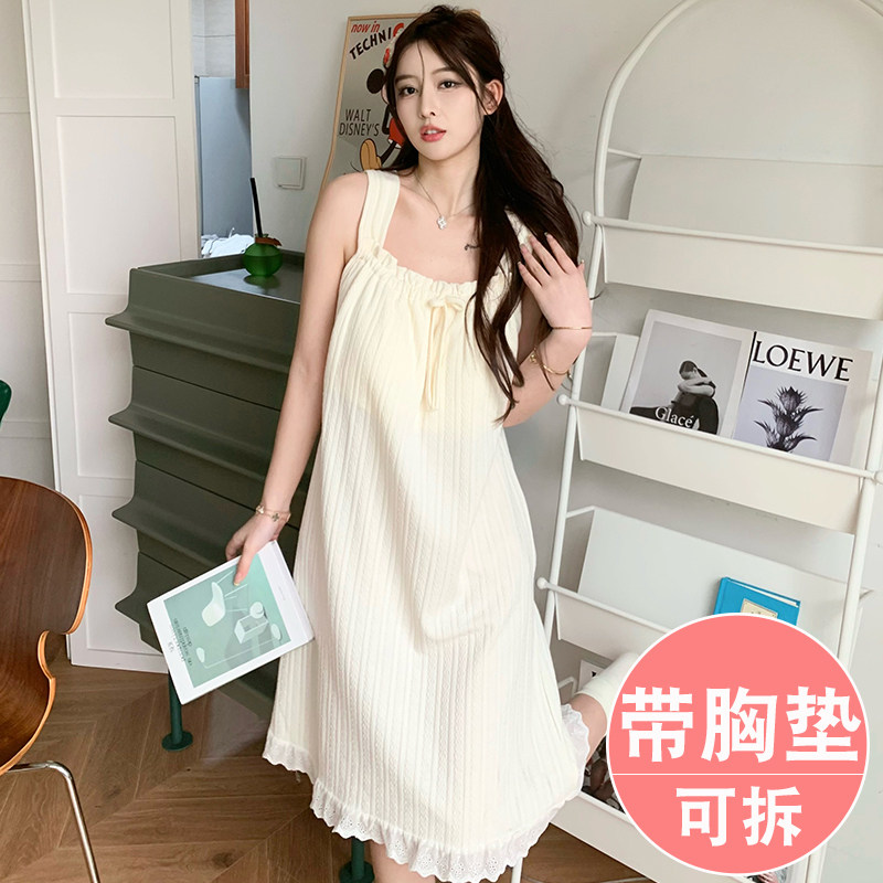여성을위한 서스펜더 잠옷 여름 순수 코튼 섹시한 2024 가슴 패드가있는 새로운 모델 살구 조끼 홈웨어 파자마 드레스 여름