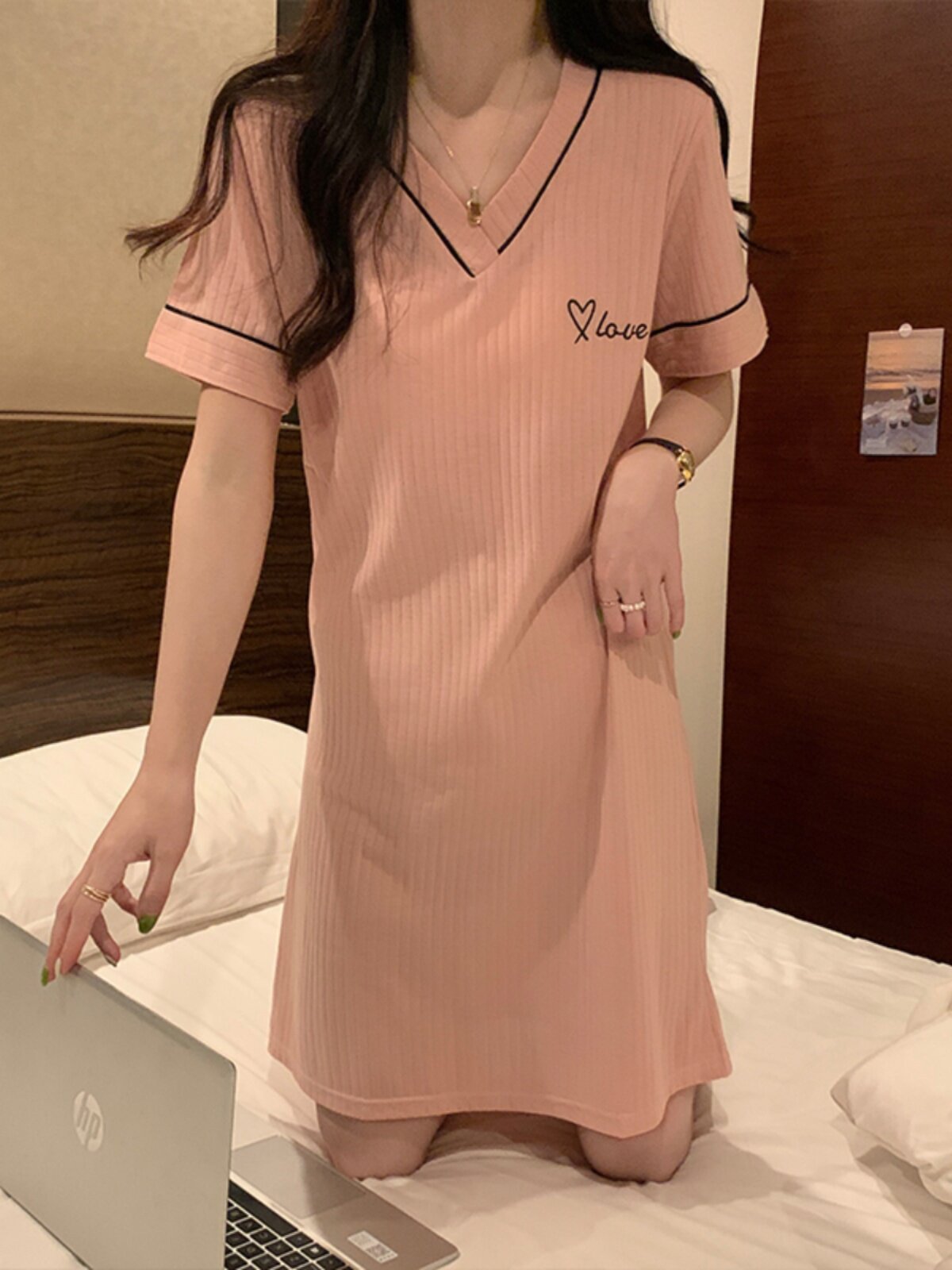 여성용 여름 잠옷 여름 스타일 순면 반팔 순수 음탕 스타일 달콤하고 심플하고 귀여운 된장 원피스 파자마 드레스 봄 여름