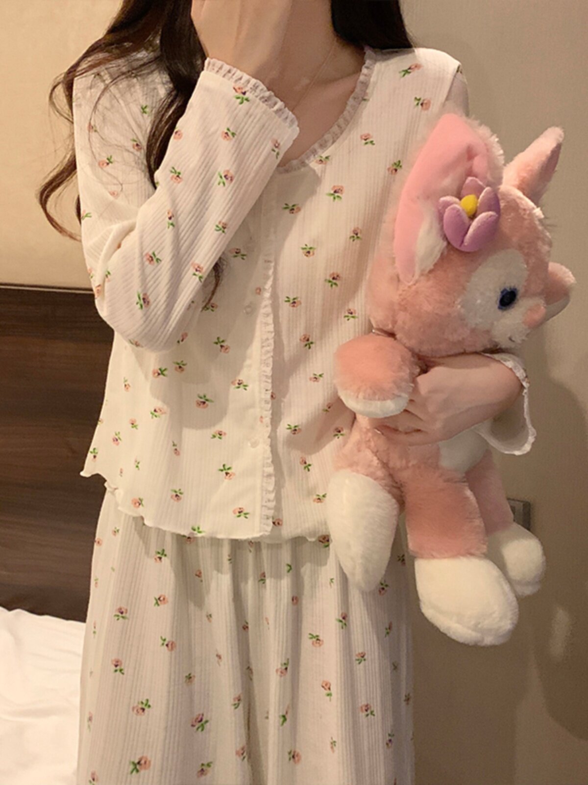 여성용 긴팔 잠옷 봄 가을 순면 2024 새로운 스타일 순정 스타일 섹시한 꽃무늬 가슴 패드가 있는 쓰리피스 슈트