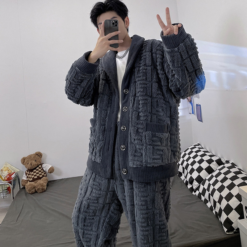 남성 잠옷 가을 겨울 두꺼운 산호 벨벳 2024 새로운 자카드 그레이 라펠 가디건 청소년 정장