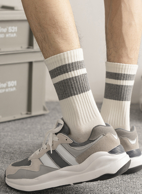 ADCACRORR潮牌秋冬季男中筒袜学院风纯棉运动长袜子条纹白色无骨