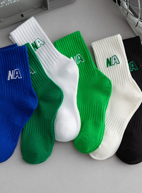 4双装袜子男士长筒袜纯棉ins潮中筒袜春夏季黑色运动刺绣字母袜男