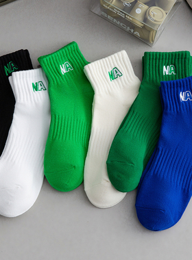 5双装潮牌字母短袜纯棉男士袜子夏季薄款NA运动袜白色浅口男生袜