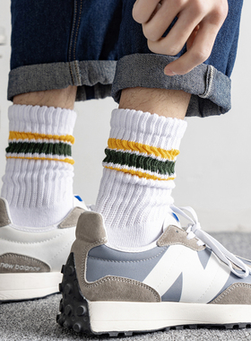 ADCACRORR粗线毛巾底长袜子男ins潮秋冬季纯棉加厚运动条纹中筒袜