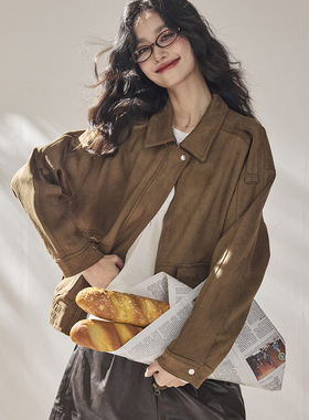 【盛都】26新韩系复古百搭机车少女风宽松麂皮绒飞行夹克外套上衣