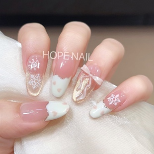 蝴蝶结猫眼手工穿戴甲手绘爱心雪花显白美甲 冰透法式 奶油泡芙