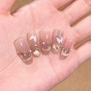 【金枝玉蝶】冰透裸色腮红法式猫眼手工穿戴甲轻奢高级感蝴蝶美甲