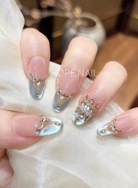 【星穹冠冕】绝美夏日蓝色法式猫眼手工穿戴甲爆闪轻奢高级感美甲