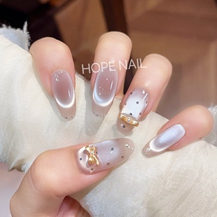 【金粉世家】千金风冰透裸色猫眼手工穿戴甲波点蝴蝶显白美甲贴片