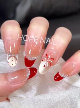 【酒红佳人】轻奢红色法式波点烟花猫眼手工穿戴甲气质新年美甲贴