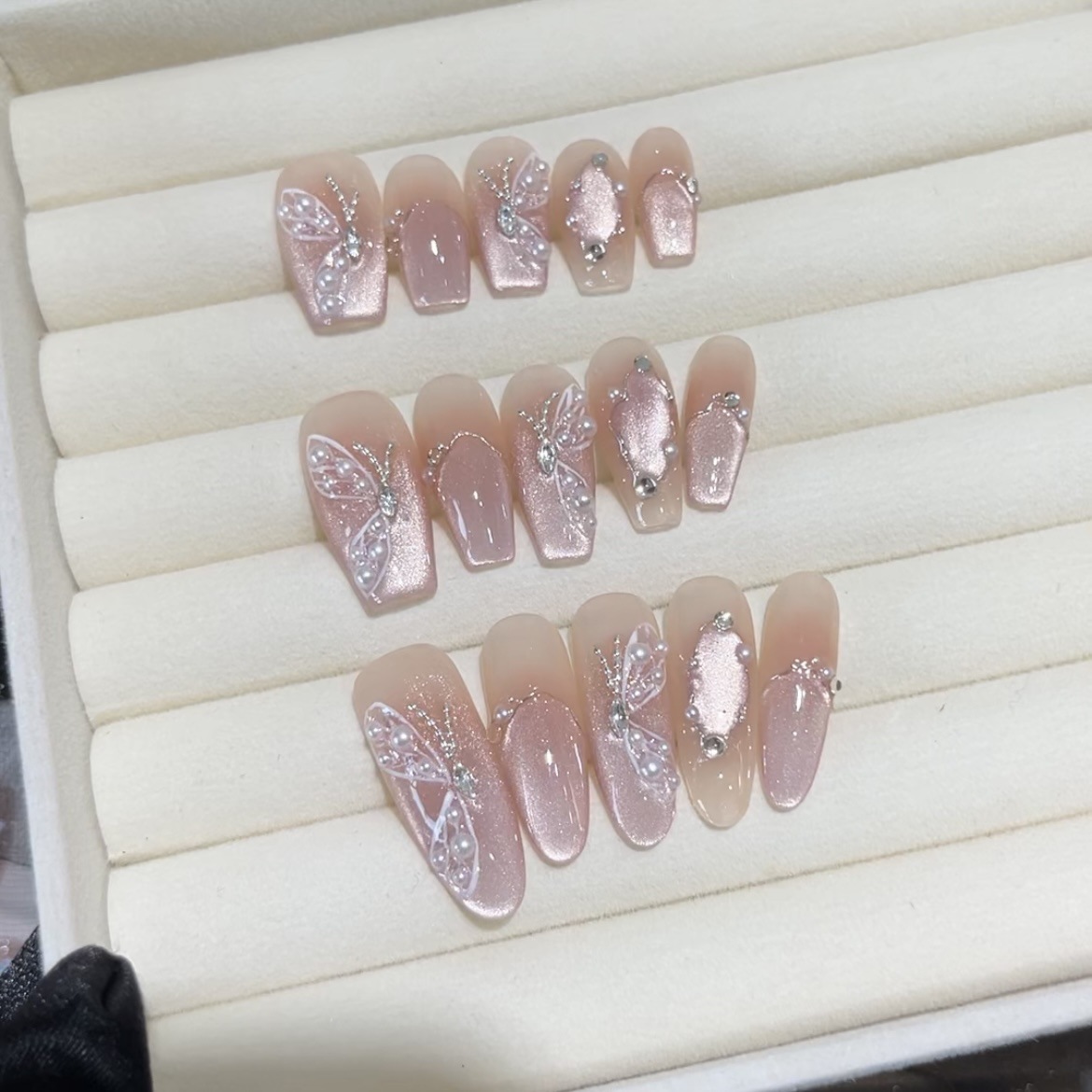 福利清仓夏季新款腮红猫眼手绘珍珠蝴蝶魔镜粉高级纯手工穿戴美甲