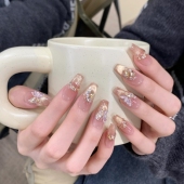 烫金蝴蝶 纯手工穿戴甲轻奢爆闪蝴蝶香槟色高级感富家千金美甲