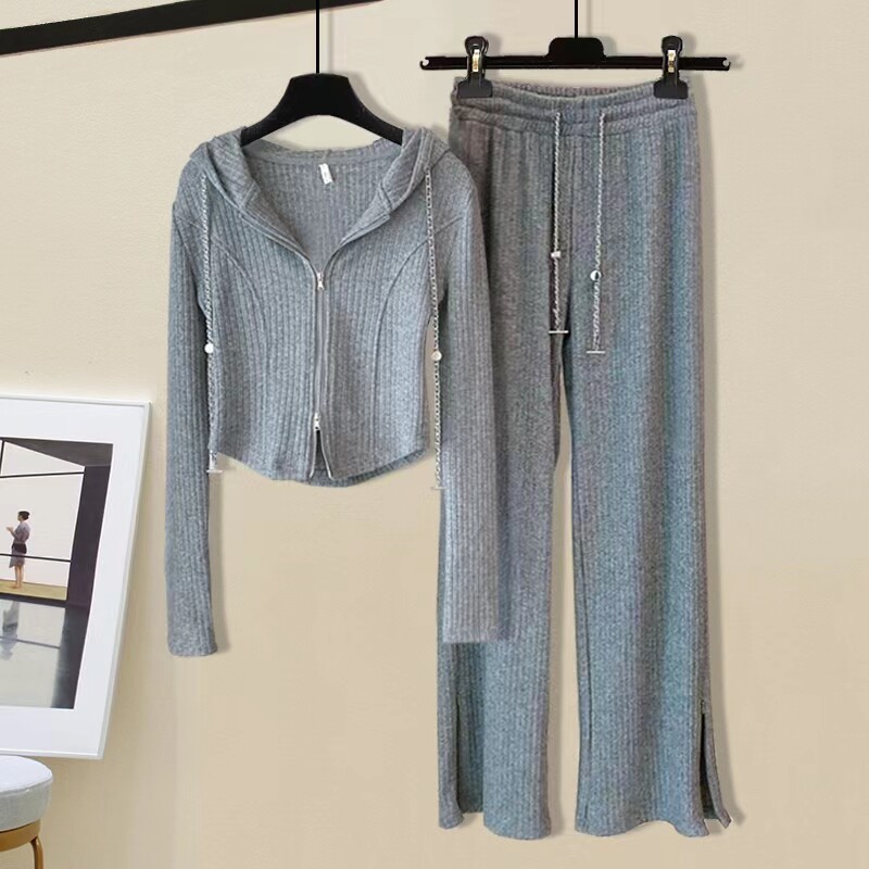 여성을위한 게으른 스타일 스포츠 정장 2024 가을 새로운 슬림 후드 긴팔 탑 캐주얼 바지 패션 투피스 세트