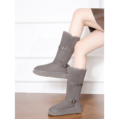时髦扣带厚底增高羊毛毛翻边保暖棉鞋中长筒短靴灰色雪地靴女冬季
