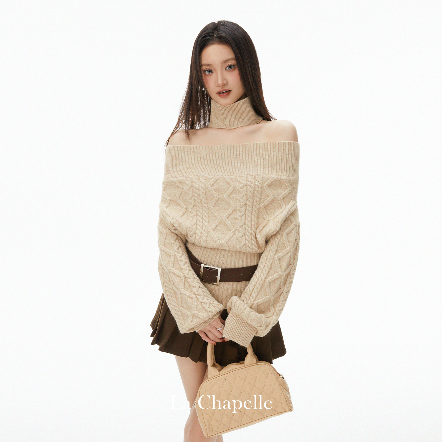 拉夏贝尔麻花一字肩长袖针织衫女