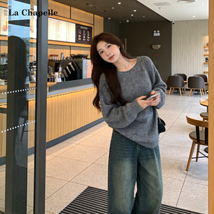 拉夏贝尔慵懒条纹落肩宽松长袖针织衫女2026春季新款显瘦气质上衣