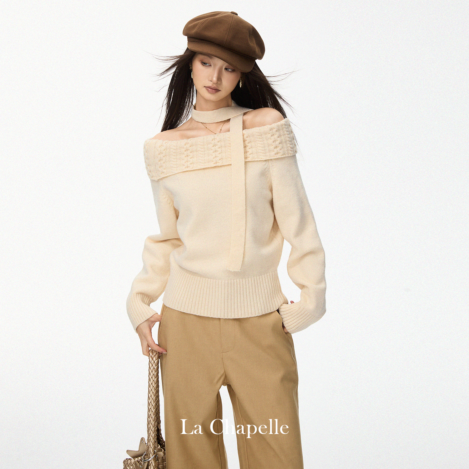 拉夏贝尔法式围脖飘带露肩针织衫