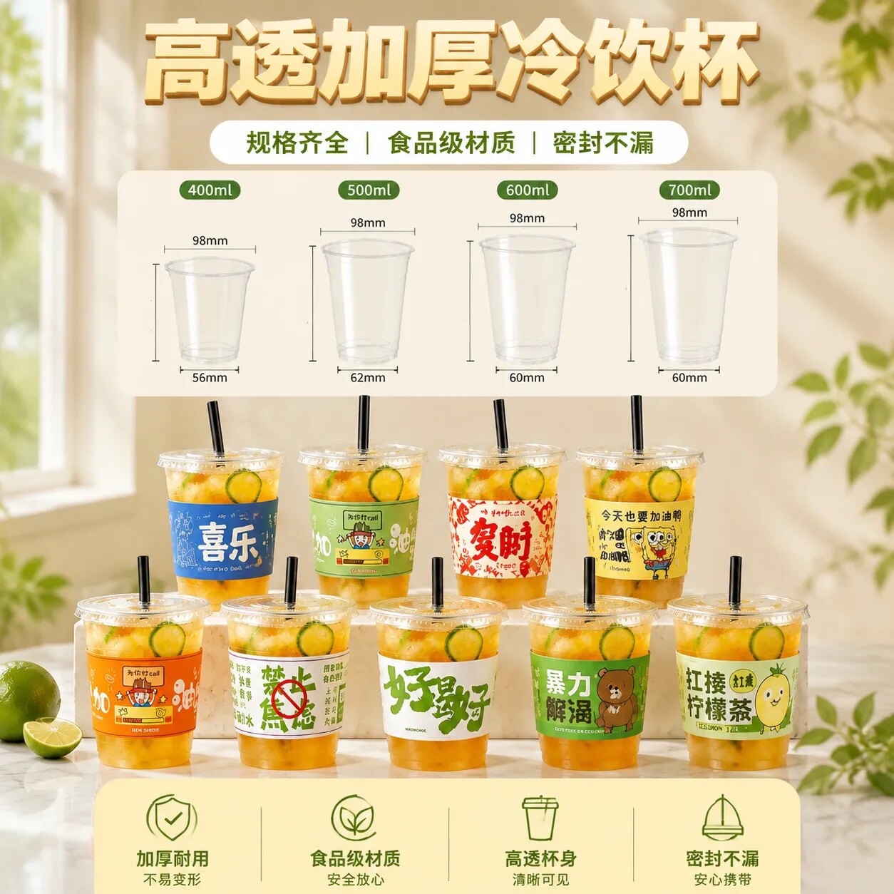 一次性暴打柠檬茶杯摆地摊98口径PET冷饮高透打包杯带盖套装商用